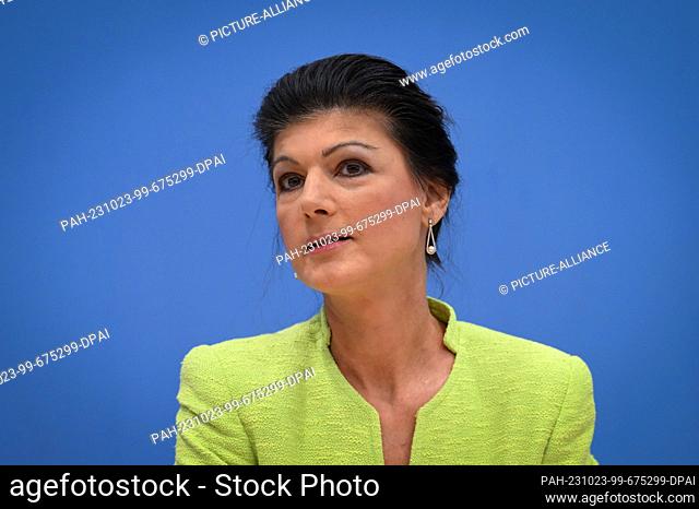 23 October 2023, Berlin: The politician Sahra Wagenknecht, photographed during the press conference on the founding of the association ""Alliance Sahra...