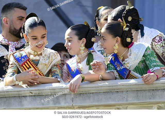 The Falleras Mayores de valencia Marina Civera Moreno and Sara Larrazabal Berna give the order to the pyrotechnician to start the castle fireworks of the...