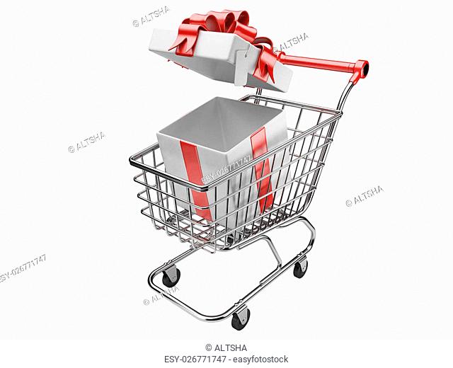 Shopping cart with open gifts boxes. isolated on a white background 3d image