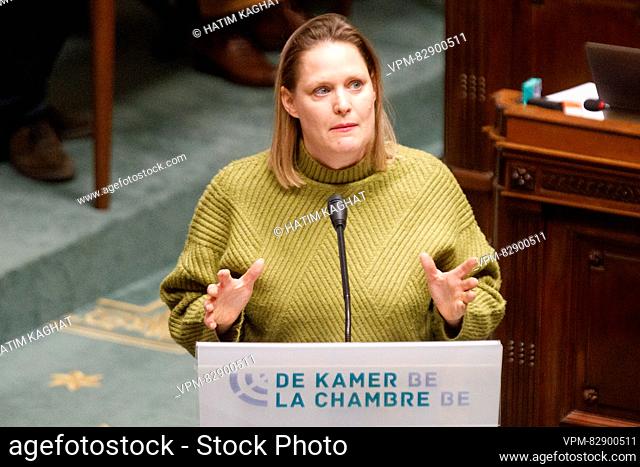 Groen's Eva Platteau pictured during a plenary session of the Chamber at the Federal Parliament in Brussels on Thursday 21 December 2023