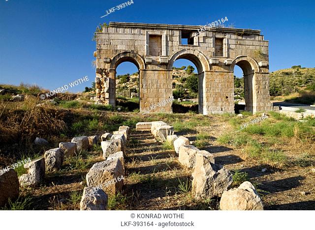 Triple arched gateway of ancient Patara, Triumphal arch of Metius Modestus, lycian coast, Mediterranean Sea, Turkey
