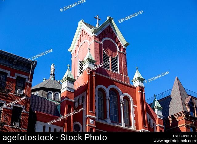 New York, United States of America - November 17, 2016: Red facade of the Church of Our Lady of Sorrows in Manhattan