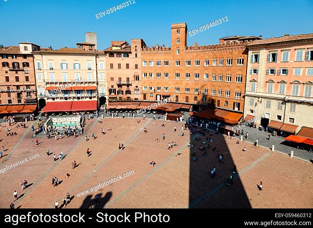 Aerial View on Piazza del Campo, Central Square of Siena, Tuscany, Italy