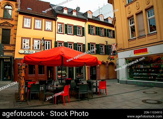 Small square surrounded by houses in historic city center, Wiesbaden, Hesse, Germany. Wiesbaden is one of the oldest spa towns in Europe