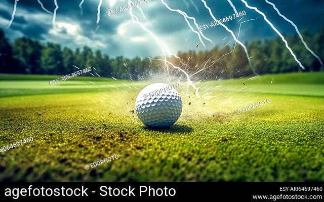 golf ball falling onto the green in the energy of a flash of lightning