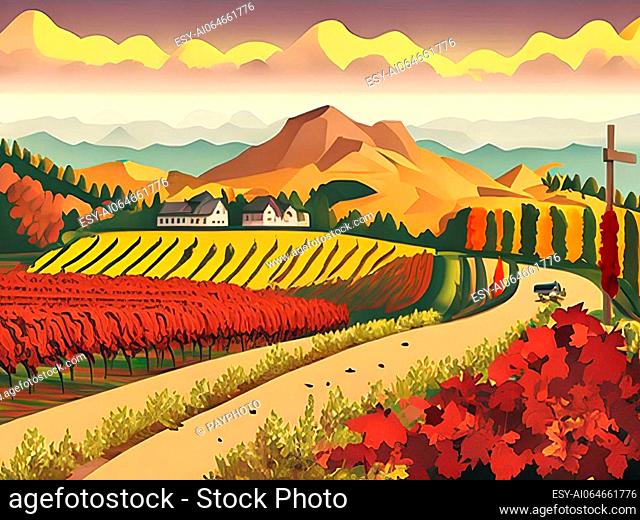 Realistic landscape with hills and vineyards, a rural setting, and rolling terrain. Generative AI