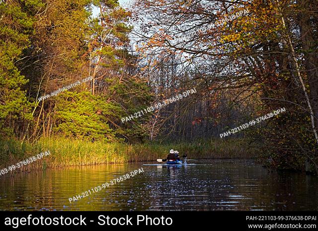 27 October 2022, Brandenburg, Wendisch Rietz: Two people are kayaking on the Glubig-Melang River in the Dahme-Heideseen Nature Park