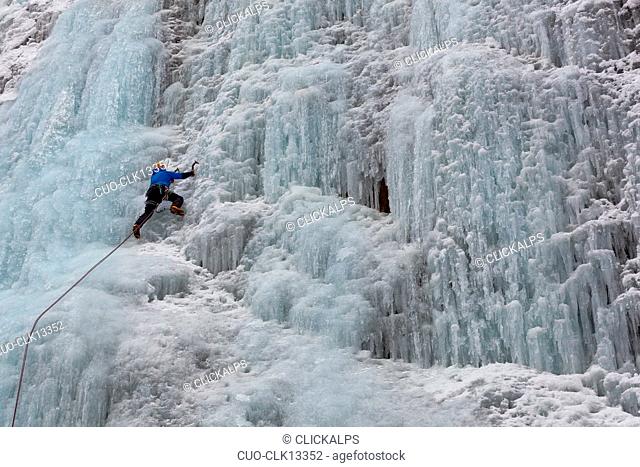 Ice climbing in Serrai of Sottoguda, Rocca Pietore, Veneto, Italy, Europe