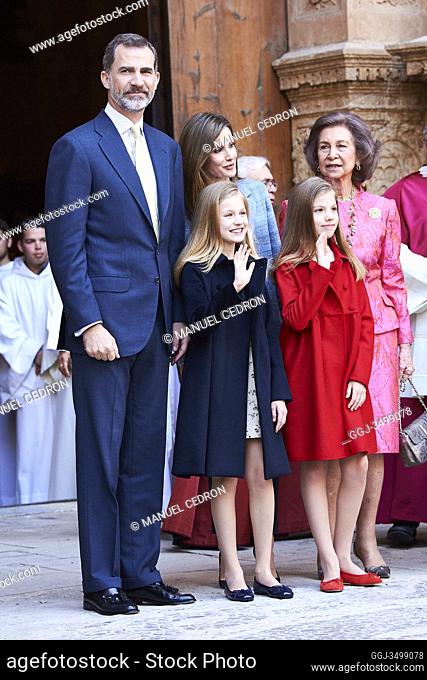 King Felipe VI of Spain, Crown Princess Leonor, Princess Sofia, Queen Letizia of Spain, Queen Sofia of Spain attended the Easter Mass at the Cathedral of Palma...