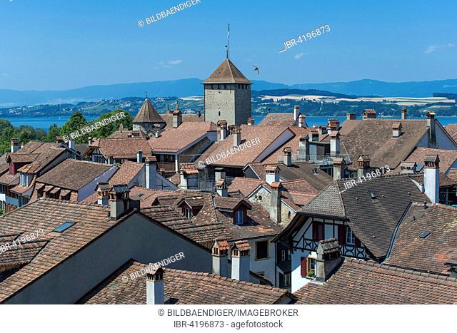 View onto roofs of the historic centre, Lake Morat behind, Murten or Morat, Canton of Fribourg, Switzerland
