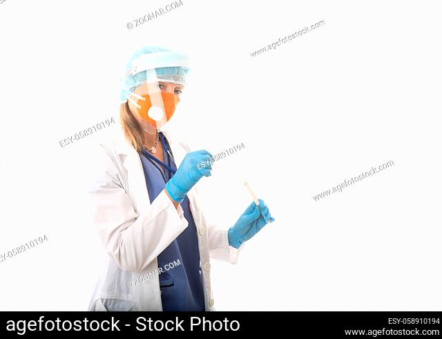 Medical healthcare worker holding a nose and throat swab for viral infections or flu influenza