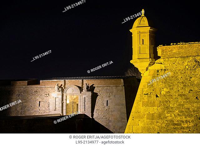 Entrance area of the military fortified castle of Sant Ferran, Figueres, Spain, at night