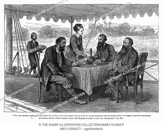 Samuel White Baker, John Hanning Speke and James Augustus Grant, explorers in East Africa, enjoying a civilised meal together under an awning