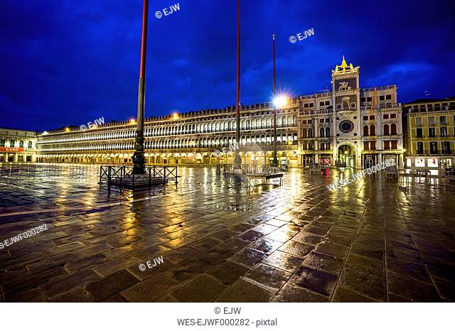 Italy, Venice, St Mark's Square with Torre dell'Orologio at night