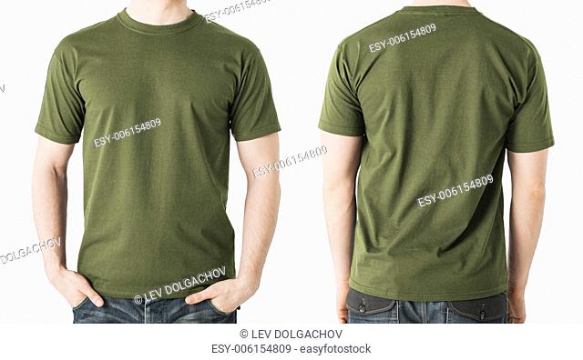 clothing design concept - man in blank khaki green t-shirt, front and back view