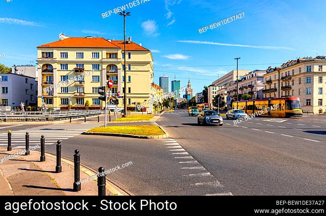Warsaw, Poland - July 26, 2020: Srodmiescie city center district at aleja Niepodleglosci and Wawelska street junction with al
