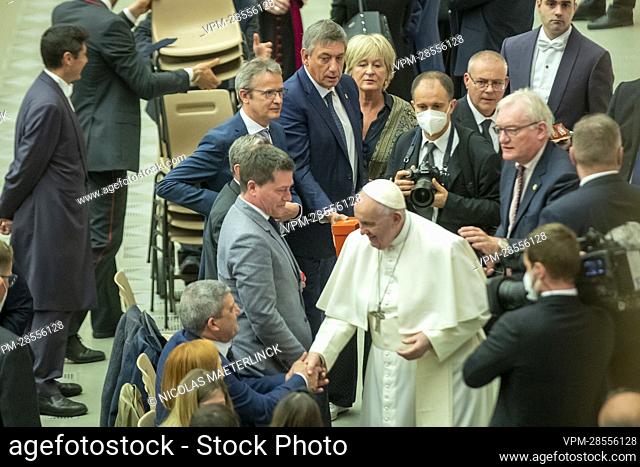 Flemish Minister President Jan Jambon and Pope Francis pictured during an audience with the Pope, in the Sala Nervi, at the Vatican, Wednesday 30 March 2022
