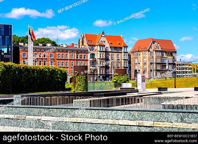 Gdansk, Pomerania / Poland - 2020/07/14: Solidarnosci square in old Gdansk Shipyard quarter in front of European Solidarity Centre building