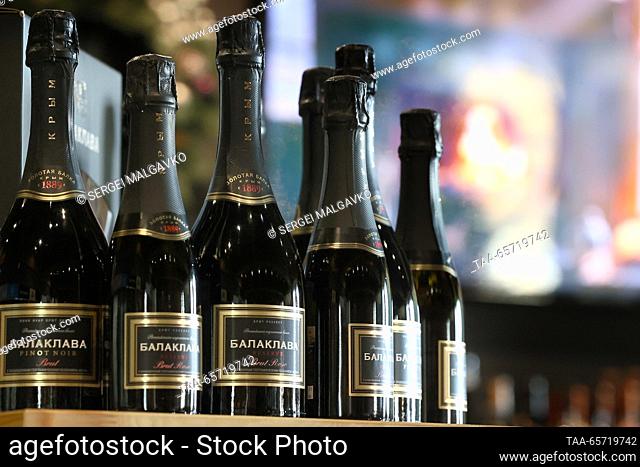 RUSSIA, SEVASTOPOL - DECEMBER 13, 2023: Bottles of sparkling wines on display in the brand shop at the Shampaneria winery run by the Zolotaya Balka company