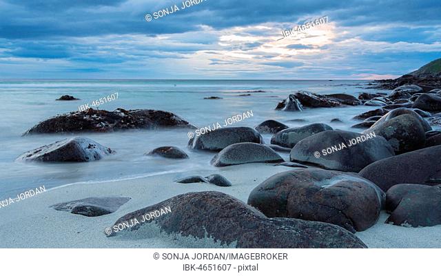 Rocks on the beach, sunset, Unstad, Lofoten, Norway