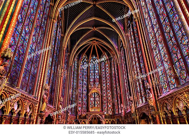 Stained Glass Cathedral Saint Chapelle Paris France. Saint King Louis 9th created Sainte Chapelle in 1248 to house Christian relics