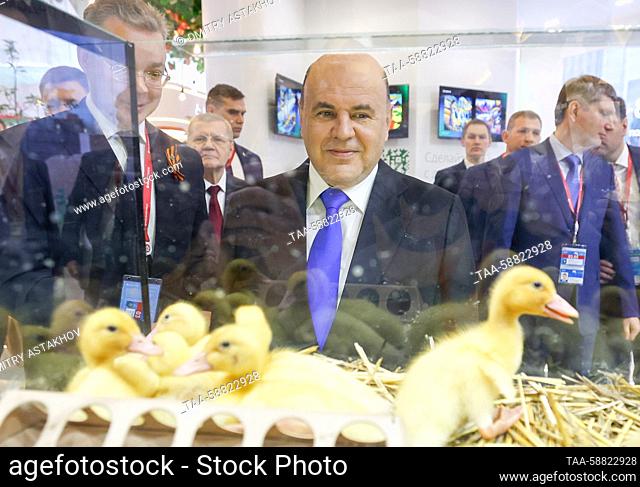 RUSSIA, MINERALNYE VODY - MAY 3, 2023: Russia's Prime Minister Mikhail Mishustin attends the Caucasus Investment Exhibition at the MinvodyExpo Exhibition Center