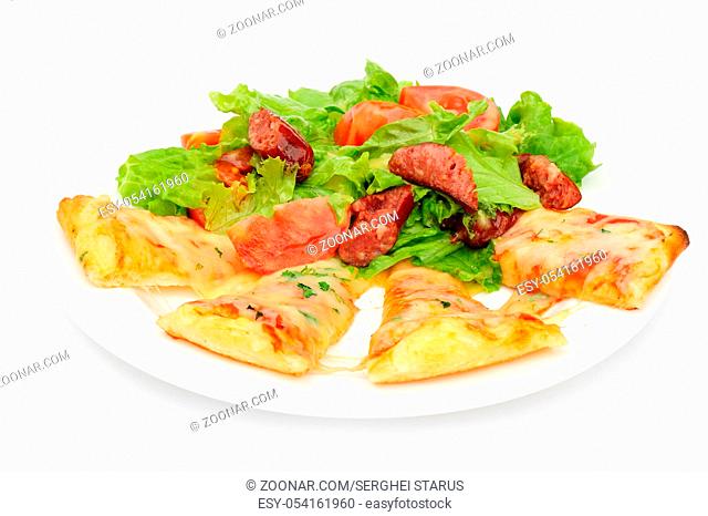 Pizza slices with melted cheese and fresh vegetables salad