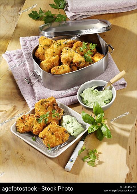Chicken with parmesan crust and cream cheese-herb dip