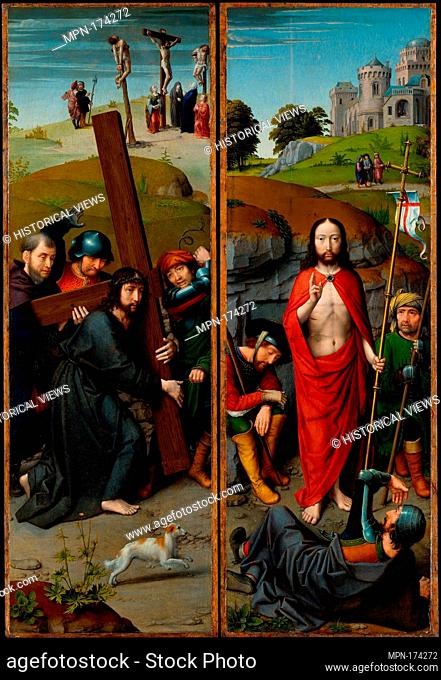 Christ Carrying the Cross, with the Crucifixion; The Resurrection, with the Pilgrims of Emmaus. Artist: Gerard David (Netherlandish, Oudewater ca