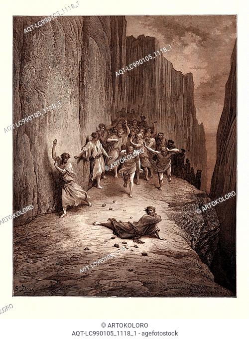 THE MARTYRDOM OF ST. STEPHEN, BY GUSTAVE DORÉ. Dore, 1832 - 1883, French. Engraving for the Purgatorio by Dante. Art, Artist, romanticism, colour