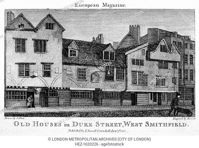 Duke Street, West Smithfield, City of London, 1797. View of buildings in Duke Street, with a man pushing a wheelbarrow