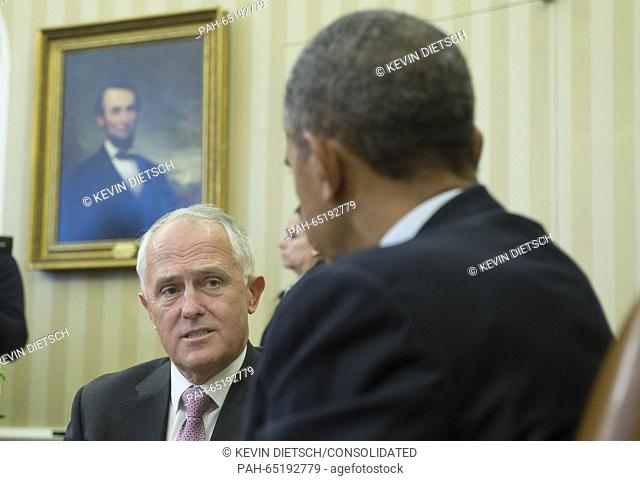 United States President Barack Obama, right, and Prime Minister Malcolm Turnbull of Australia, left, speak to the media prior to a meeting in the Oval Office at...