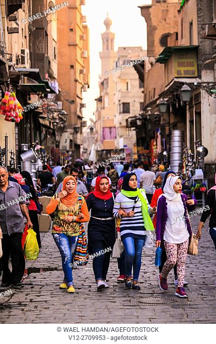 Egyptian girls at Al-Muizz li-Din Allah Street, city of Cairo, Egypt