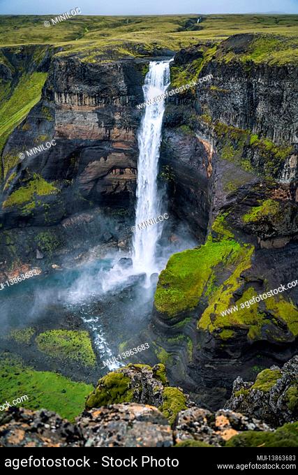 Haifoss waterfall in Iceland - one of the highest waterfall in Iceland, popular tourist destination