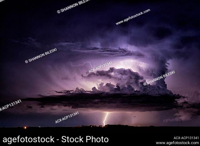 Storm with triple layer lightning over rural southern Manitoba Canada