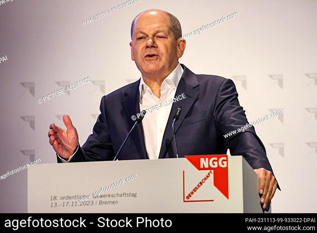13 November 2023, Bremen: Federal Chancellor Olaf Scholz (SPD) speaks at the trade union conference of the Food, Beverages and Catering Union NGG at the...