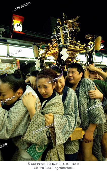 Asakusa, Tokyo, Japan, May, Sanja Matsuri, Sanja Festival, Three day, day and night festival, Traditional costumes, Men and women carrying portable shrine