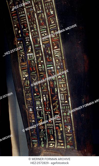 Hieroglyphs in their most decorative form appear on the interior coffin of Petosiris. The text relates to Chapter 42 of the Book of the Dead