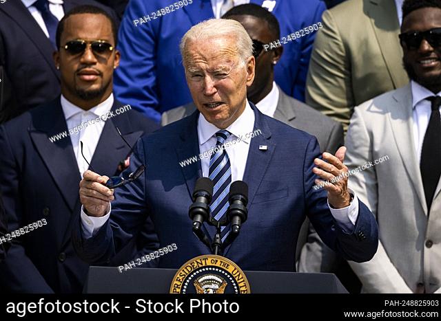 United States President Joe Biden makes remarks welcoming the 2021 the Super Bowl LV (Super Bowl 55) Champion Tampa Bay Buccaneers to the White House in...