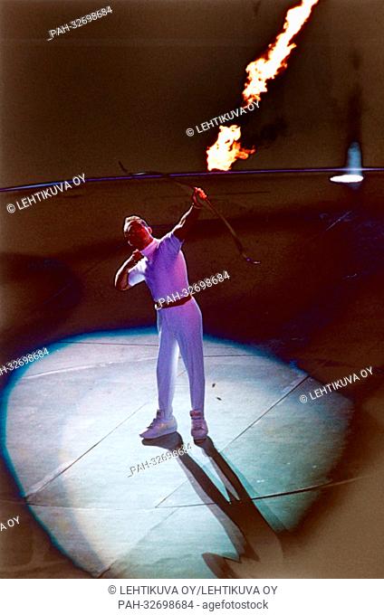 Catalan archer Antonio Rebollo kindles the Olympic Fire with an arrow during the Opening Ceremony of the Olympic Summer Games in Barcelona, on 25 July 1992