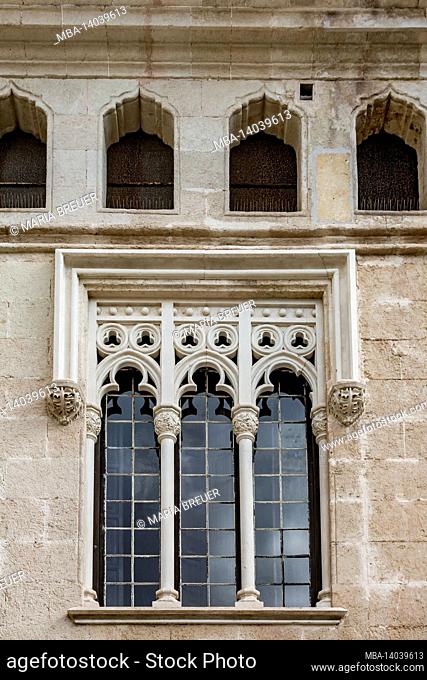 window, casa francisca martorell, built by the architect francesc femenías, 1913-1917, mahon, maó, menorca, balearic islands, spain, mediterranean, europe