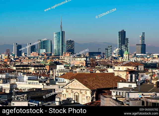 Milan Business District Landscape View Mountain Alps WInter 2016 Blue Skies Clear Weather Sunset