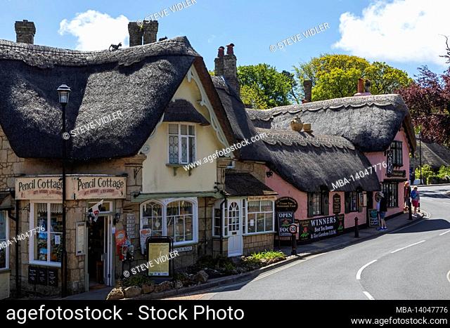 england, isle of wight, shanklin old village, the old thatch teashop and pencil cottage tea garden thatched roof shops