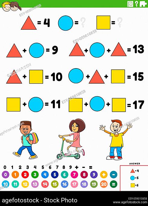 Cartoon illustration of educational mathematical addition puzzle task with children characters
