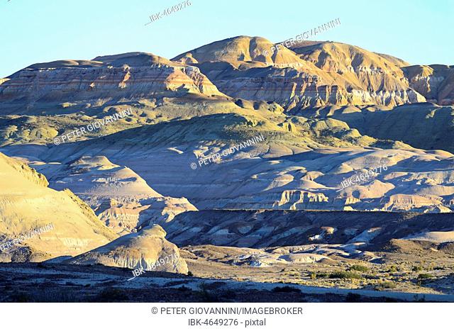 Colourful desert landscape in the Moon Valley, Bosque Petrificado José Ormachea, Sarmiento, Chubut, Argentina