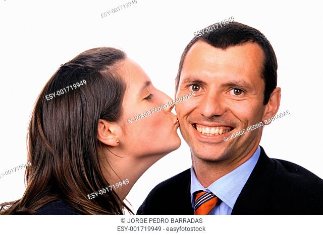 businessman and casual woman kissing