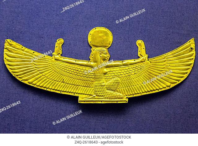 Egypt, Cairo, Egyptian Museum, a Ba bird (soul), in gold, found in Saqqara, 21st Dynasty. As she holds feathers in her hands, she could also be the goddess Maat