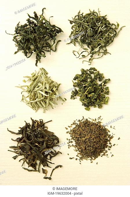 Six assortments of dried tea, overhead view