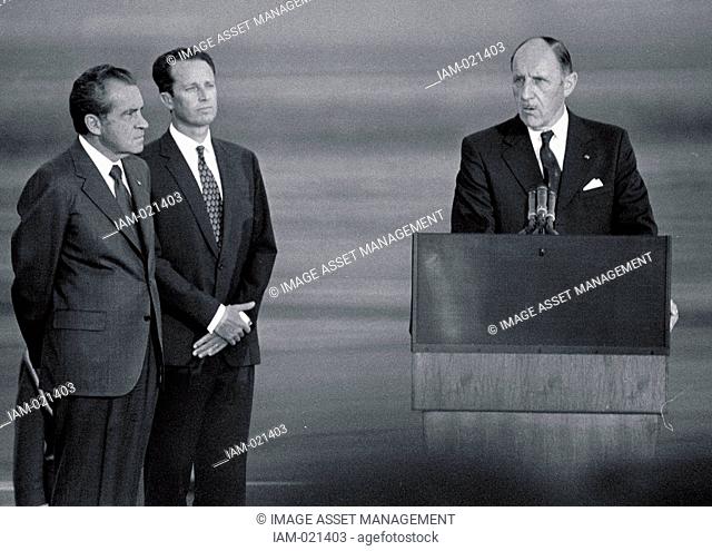 Left to Right: US president Nixon, King Baudouin of Belgium and Secretary General of NATo Joseph Luns at a NATO meeting 1969