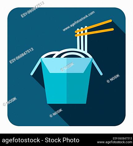 Noodles in thin line box with chopsticks vector flat icon. Fast food sign. Graph symbol for cooking web site and apps design, logo, app, UI